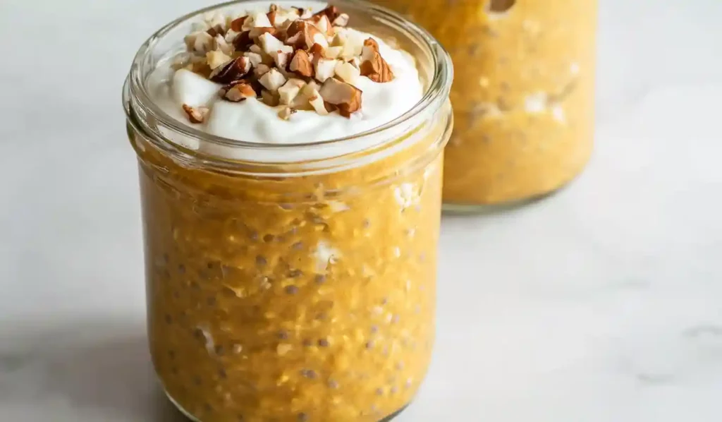 Pumpkin overnight oats in a glass jar with chia seeds and nut topping