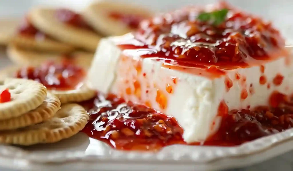 Cream cheese topped with glossy red pepper jelly served with round crackers on a plate