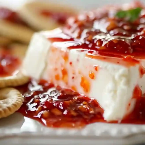Cream cheese topped with glossy red pepper jelly served with round crackers on a plate