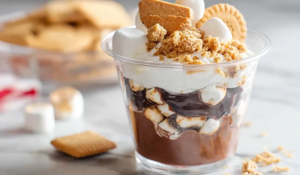 Extra close-up of a S’mores walking dessert layered with chocolate pudding, marshmallows, graham crackers, and mini cookies in a clear plastic cup