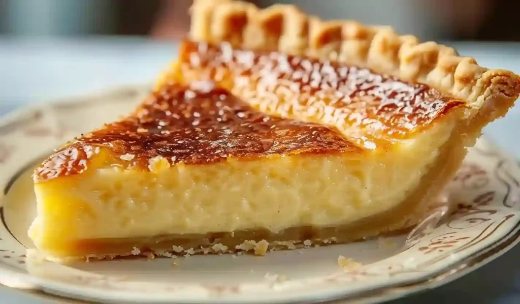 Close-up of a slice of Southern custard pie with caramelized golden top on a cream-colored plate