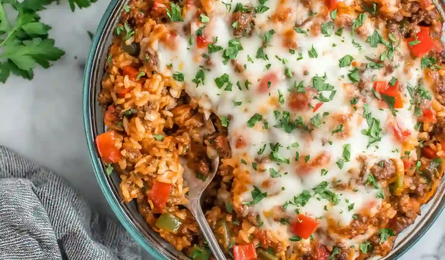 Extra close-up of cheesy stuffed pepper casserole with rice, ground meat, tomatoes, and melted mozzarella, garnished with fresh parsley