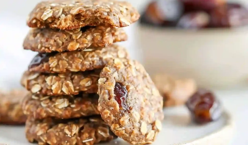 Stack of sugar free date cookies with oats on neutral background