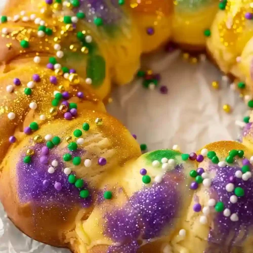 Overhead close-up of a traditional King Cake topped with purple, green, and gold sugar sprinkles on parchment paper
