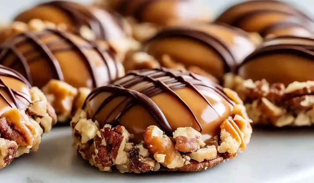 Close-up turtle cookies topped with caramel and chocolate drizzle, coated in chopped pecans