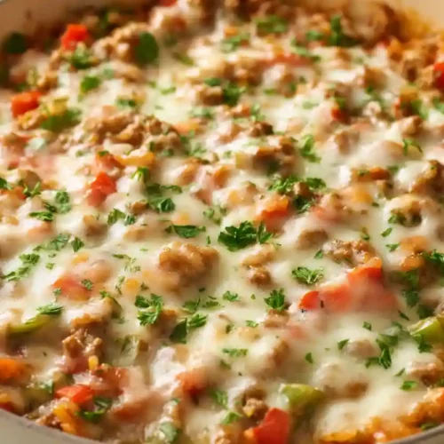 Unstuffed pepper casserole with ground meat, bell peppers, rice, and melted cheese in a skillet