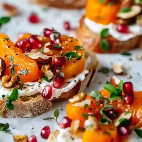 Vegan crostini appetizers topped with creamy spread, orange slices, pomegranate seeds, and nuts on rustic bread