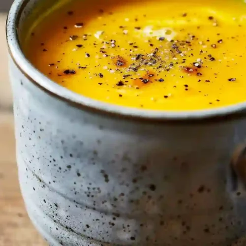 Close-up of a warm turmeric drink with black pepper in a grey ceramic mug on a wooden surface