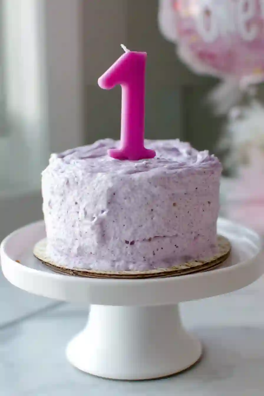 Homemade 1st Birthday Cake for a Boy – A Sweet, Wholesome Celebration 2 Purple first birthday smash cake with pink number candle on cake stand