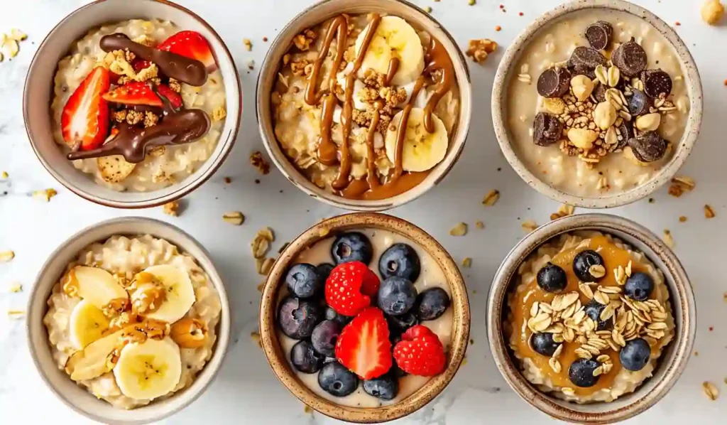 Assortment of six healthy oatmeal bowls with fruit, nuts, peanut butter and chocolate drizzle on a marble kitchen surface
