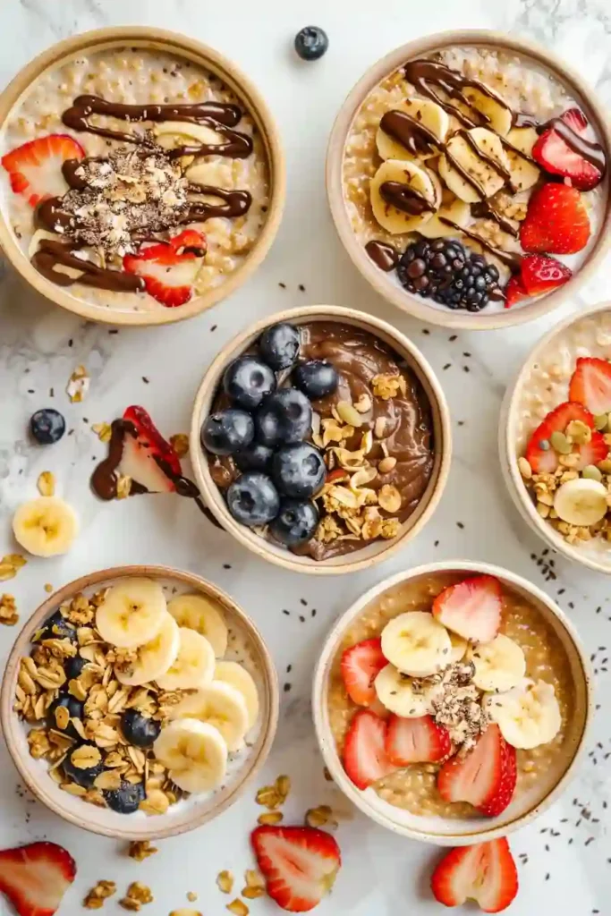 6 Healthy Oatmeal Bowls for Cozy, Nourishing Mornings 2 Healthy oatmeal bowls with fruit, peanut butter, chocolate and nuts arranged on marble countertop