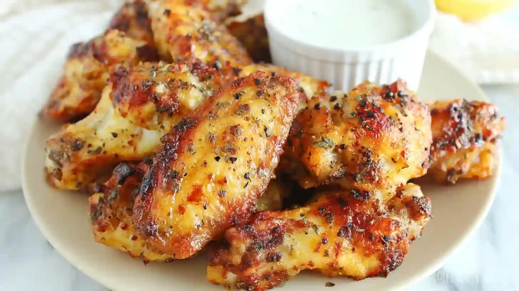 Crispy air fryer lemon pepper chicken wings with golden seasoning and charred edges