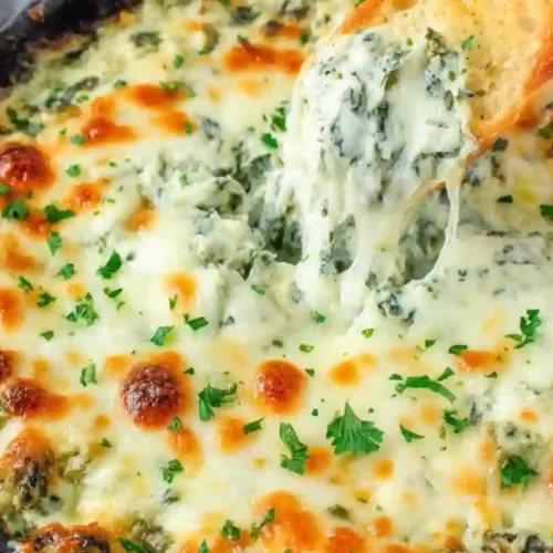 creamy baked spinach cheese dip with melted mozzarella and parsley topping in skillet