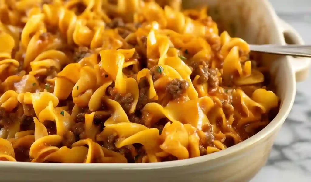 Extra close-up of beef noodle casserole with egg noodles and ground beef in a warm baked sauce inside a ceramic baking dish