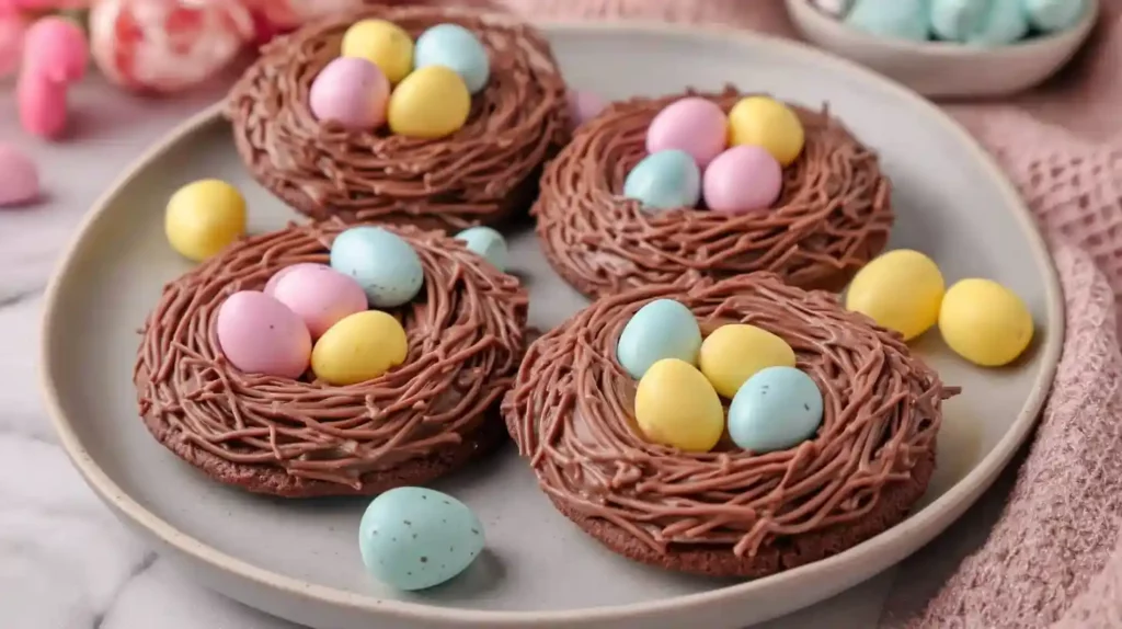 Chocolate birds nest cookies topped with pastel candy eggs on a plate