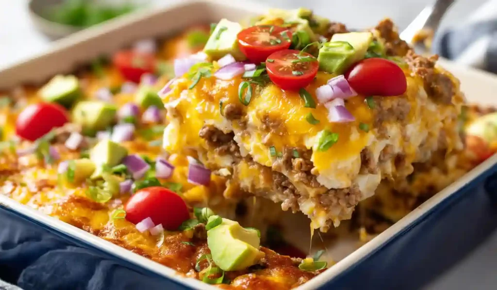 Cheesy burrito casserole with ground beef, avocado, tomatoes, and melted cheese in a baking dish