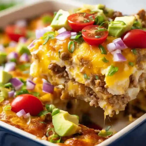 Cheesy burrito casserole with ground beef, avocado, tomatoes, and melted cheese in a baking dish