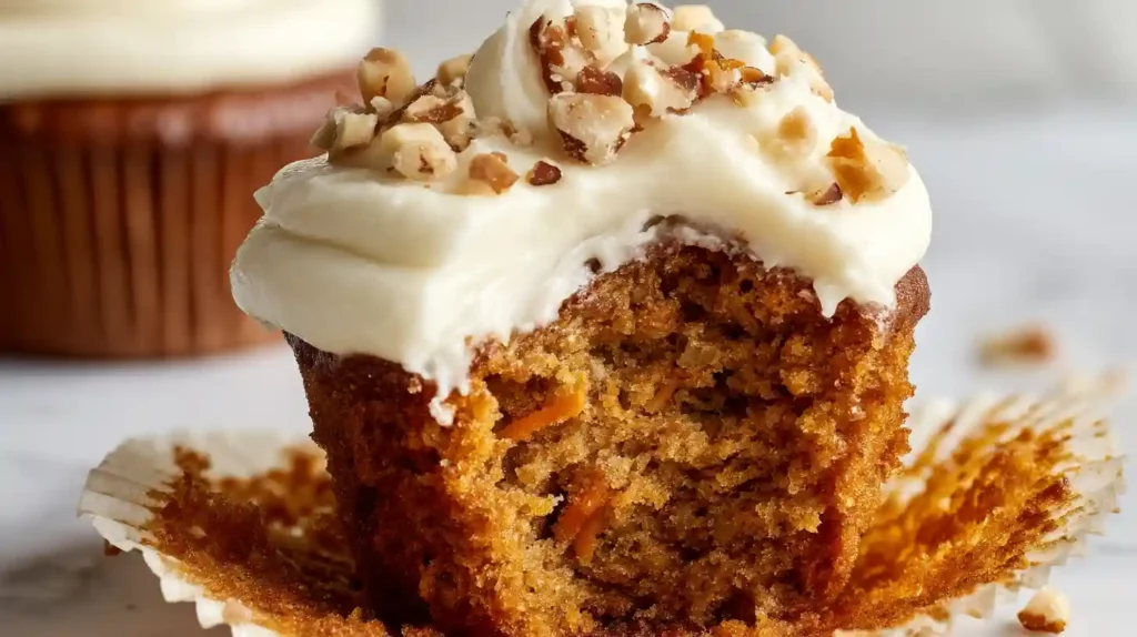 Close-up carrot cake cupcake with cream cheese frosting and chopped nuts, bite taken showing moist texture