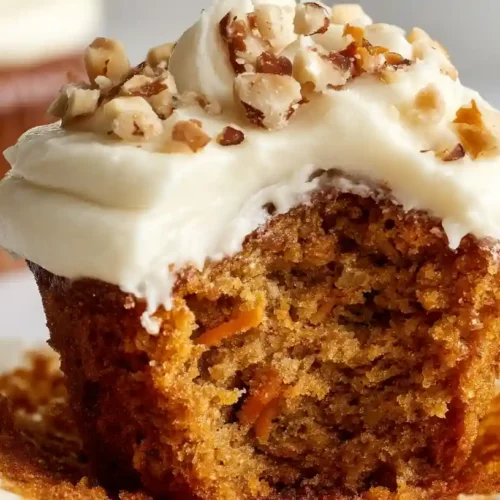 Close-up carrot cake cupcake with cream cheese frosting and chopped nuts, bite taken showing moist texture