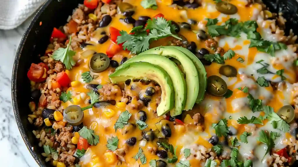 Cheesy taco rice skillet topped with sliced avocado, black beans, corn, and melted cheese in a pan