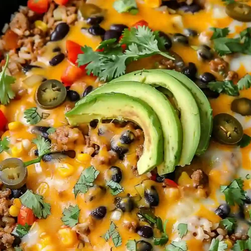 Cheesy taco rice skillet topped with sliced avocado, black beans, corn, and melted cheese in a pan