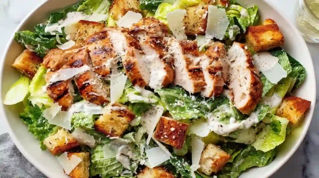 Close-up chicken Caesar salad with grilled chicken, croutons, romaine, and parmesan