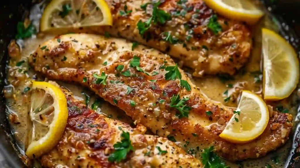 Golden chicken francaise with lemon slices in buttery sauce close-up