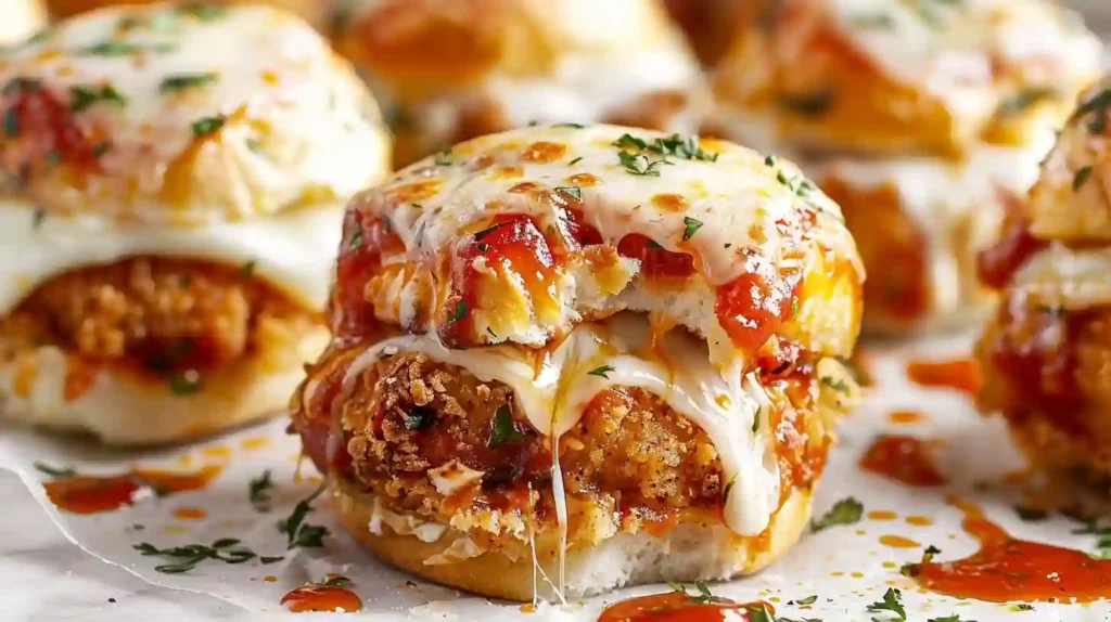 Close-up of chicken parmesan slider with melted cheese and marinara sauce
