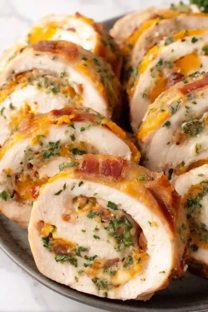 Cozy Chicken Roulade Recipe for a Comforting, Protein-Packed Dinner 2 Close-up vertical view of chicken roulade slices with creamy filling