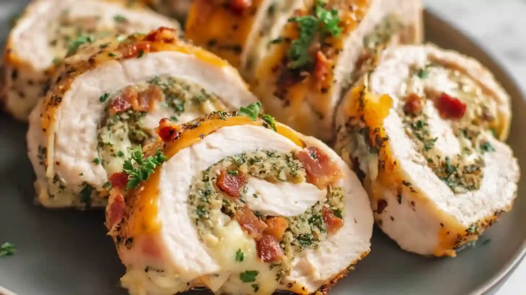 Sliced chicken roulade with melted cheese, herbs, and bacon filling