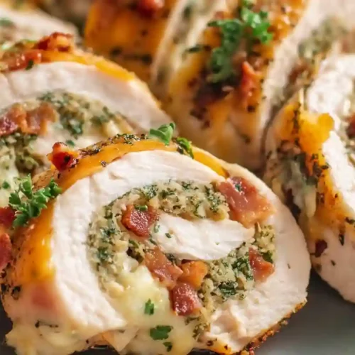 Cozy Chicken Roulade Recipe for a Comforting, Protein-Packed Dinner 3 Sliced chicken roulade with melted cheese, herbs, and bacon filling