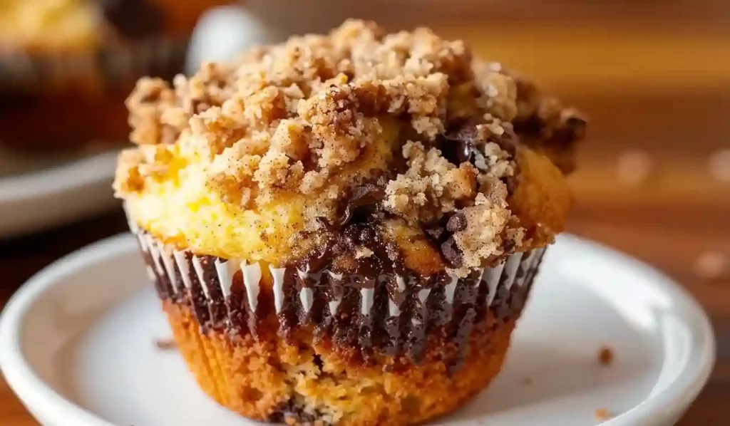 Close-up cinnamon chocolate chip muffin with crumb topping and melted chocolate center on a white plate