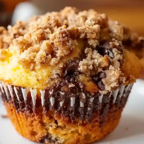 Close-up cinnamon chocolate chip muffin with crumb topping and melted chocolate center on a white plate