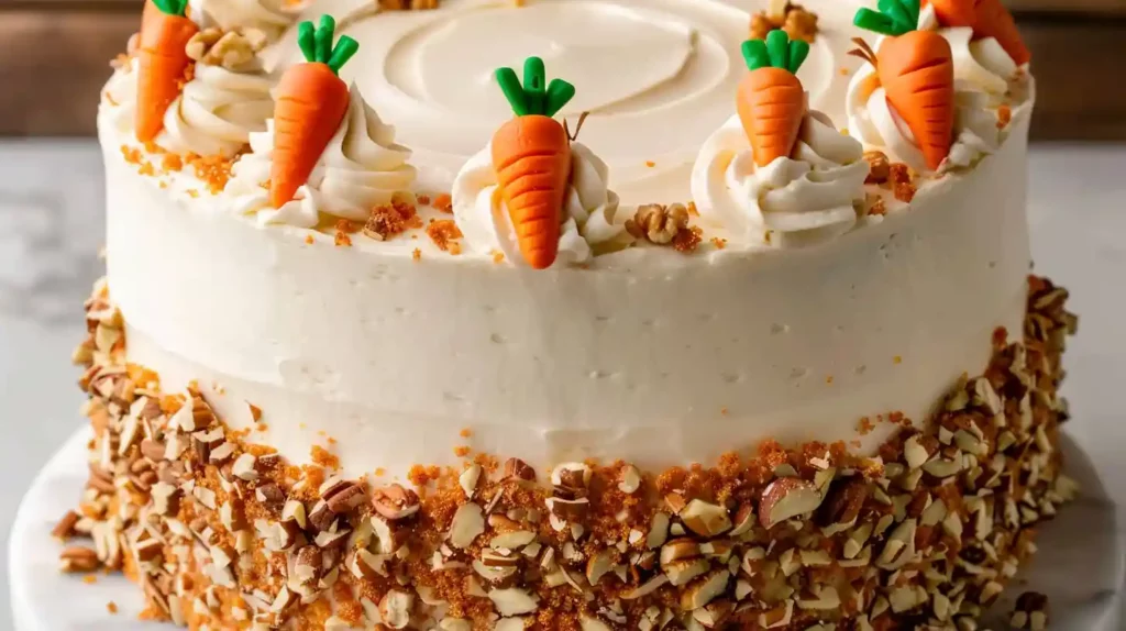 carrot cake with piped cream cheese frosting swirls and small carrot decorations on sides