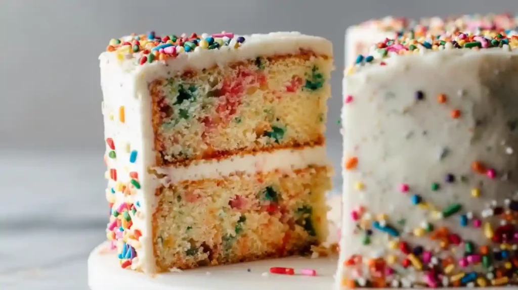 Slice of funfetti cake with white frosting and rainbow sprinkles on a marble surface