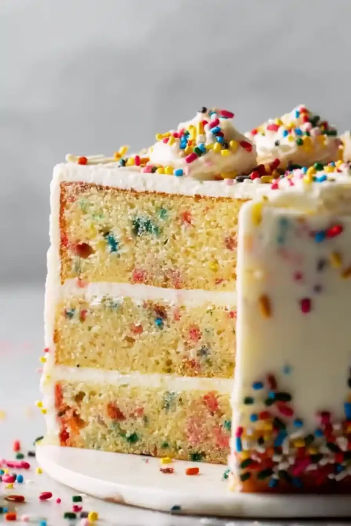 Funfetti Cake Recipe – A Cozy Homemade Celebration Classic 2 Close-up funfetti cake slice with sprinkles and white frosting