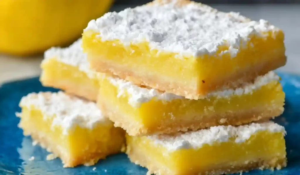 Close-up of stacked lemon bars with powdered sugar on a blue plate