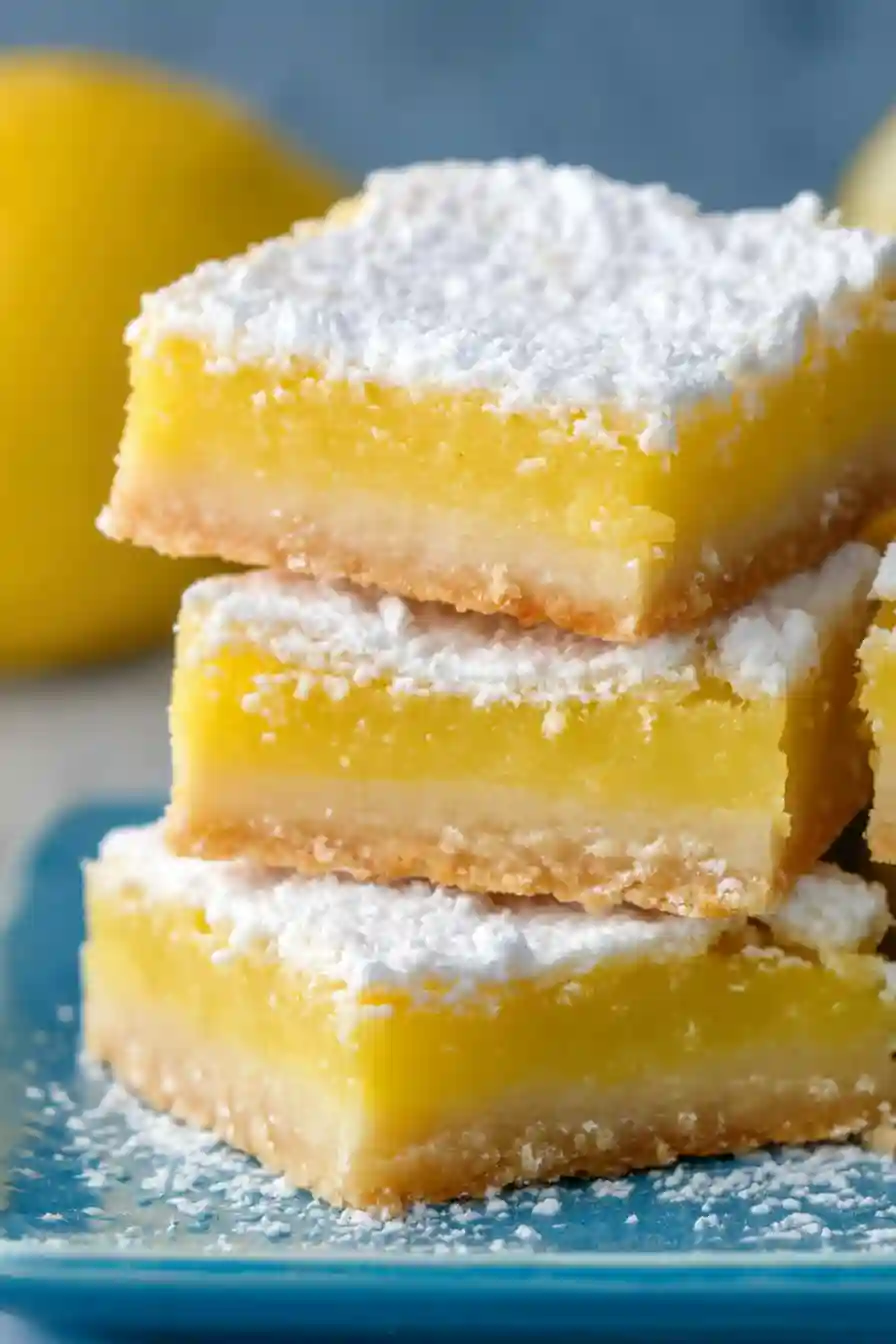 Perfect Dessert Lemon Bars – A Cozy Homemade Treat with Bright Citrus Comfort 2 Vertical close-up of powdered sugar lemon bars stacked on a blue plate