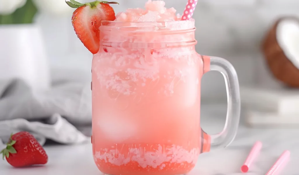Coconut strawberry drink with crushed ice in a glass mason jar with fresh strawberries