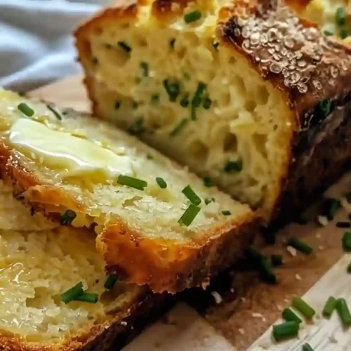 Sliced cottage cheese bread with butter melting on soft fluffy crumb and chives on a wooden board