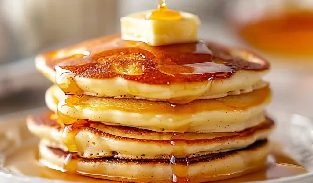 Stack of golden cottage cheese pancakes topped with butter and maple syrup