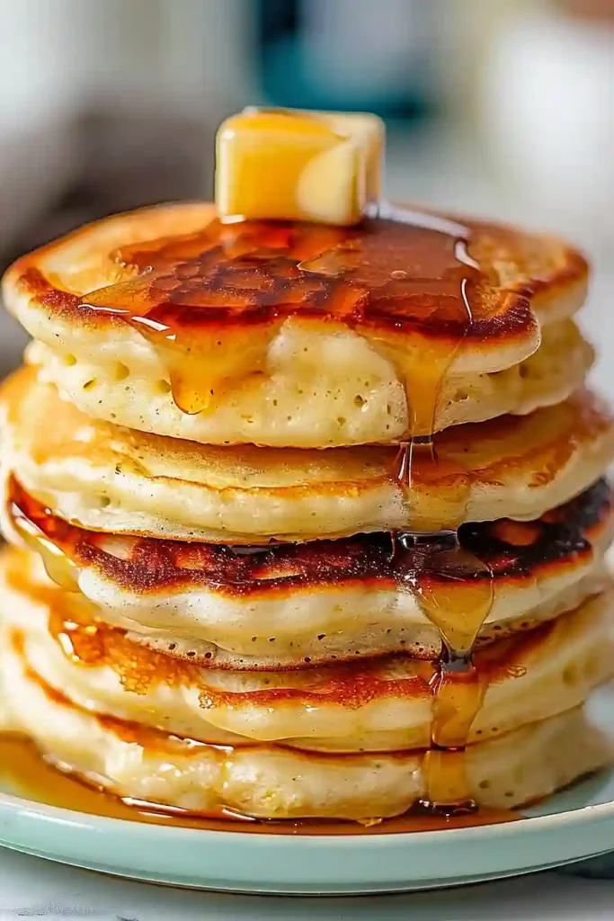 Cozy High-Protein Cottage Cheese Pancakes for Easy Homemade Mornings 2 Tall stack of cottage cheese pancakes with butter melting on top