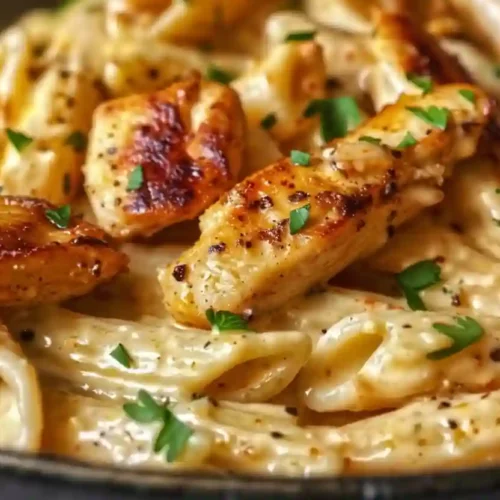 Creamy Cajun chicken penne pasta with seared chicken pieces and creamy spiced sauce