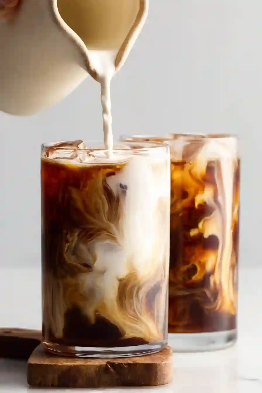 Smooth Homemade Cold Brew Coffee for Cozy Morning Energy 2 Cold brew coffee with cream swirl effect in clear glasses on wooden board