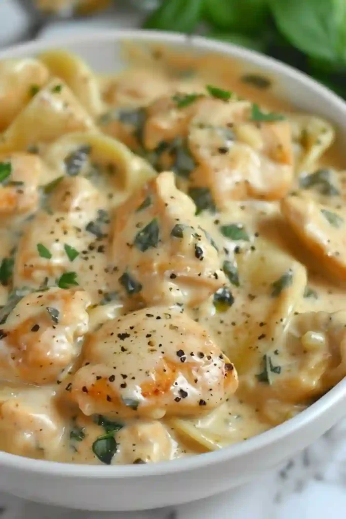 One Pot Chicken Alfredo for a Cozy, Creamy Weeknight Dinner 2 Vertical shot of creamy chicken alfredo with rich sauce and herbs