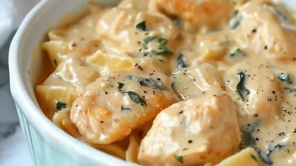 Close-up of creamy one pot chicken alfredo with tender chicken pieces and herbs