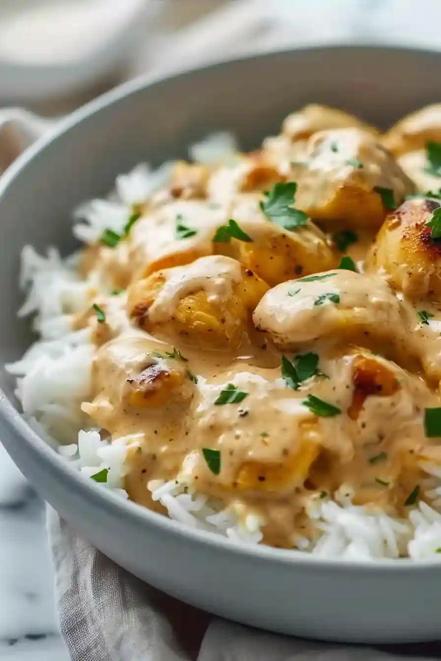 Creamy Smothered Chicken and Rice – A Cozy Homemade Comfort Dinner 2 Close-up creamy smothered chicken over white rice with rich sauce in a grey bowl