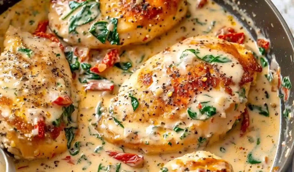 Creamy Tuscan chicken with spinach and sun-dried tomatoes in a rich garlic parmesan sauce