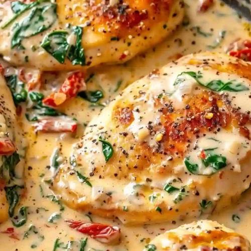 Creamy Tuscan chicken with spinach and sun-dried tomatoes in a rich garlic parmesan sauce