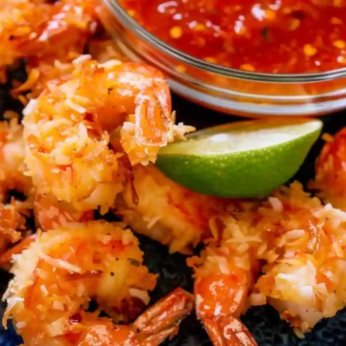 Extra crispy golden coconut shrimp served on a deep blue plate with sweet chili dipping sauce and lime wedges